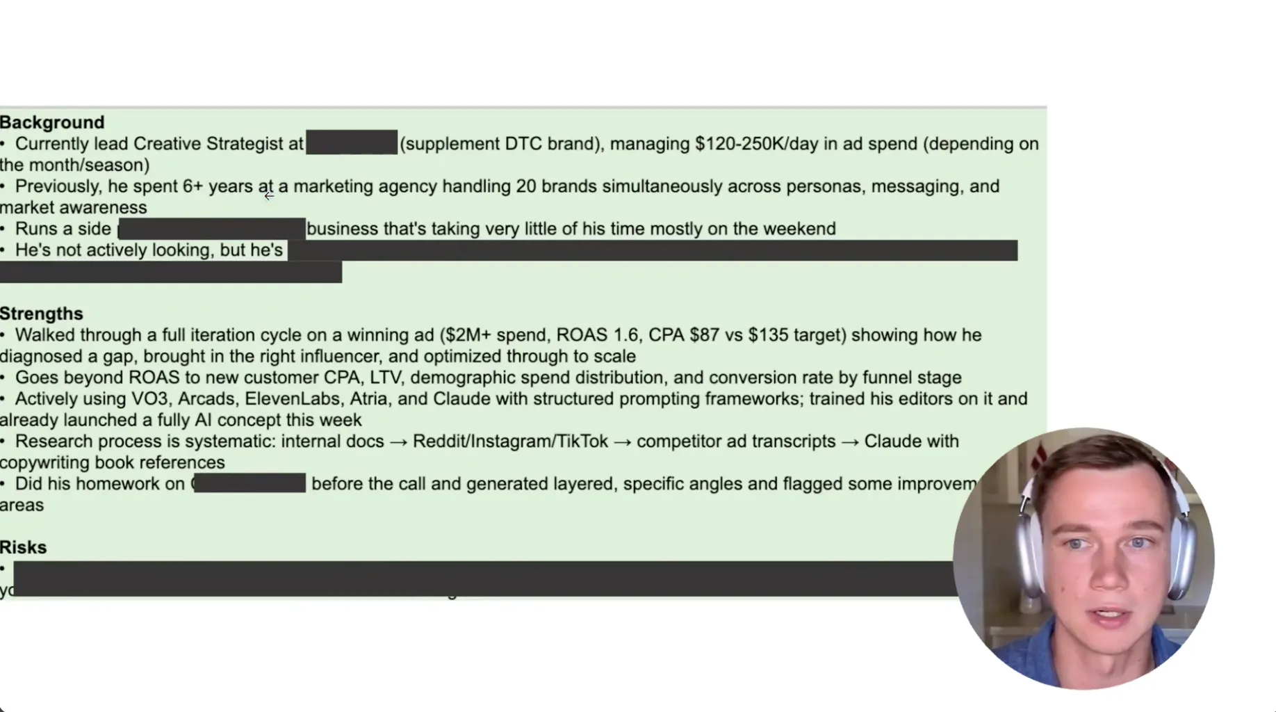 Our internal scorecard for the first candidate: a lead creative strategist managing $120-250K a day in ad spend, 6+ years at a marketing agency, a winning ad at $2M+ spend with ROAS 1.6 and CPA $87 against a $135 target, and hands-on with AI creative tools