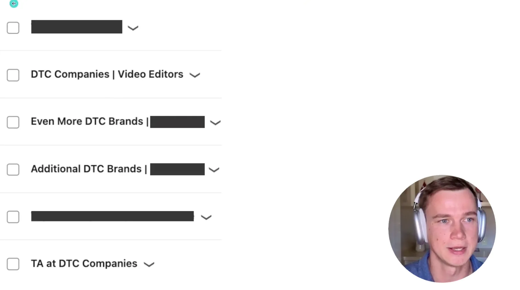 Our LinkedIn saved searches for sourcing creative strategists: separate lists for DTC companies, their video editors, additional DTC brands, and talent-acquisition teams at DTC companies