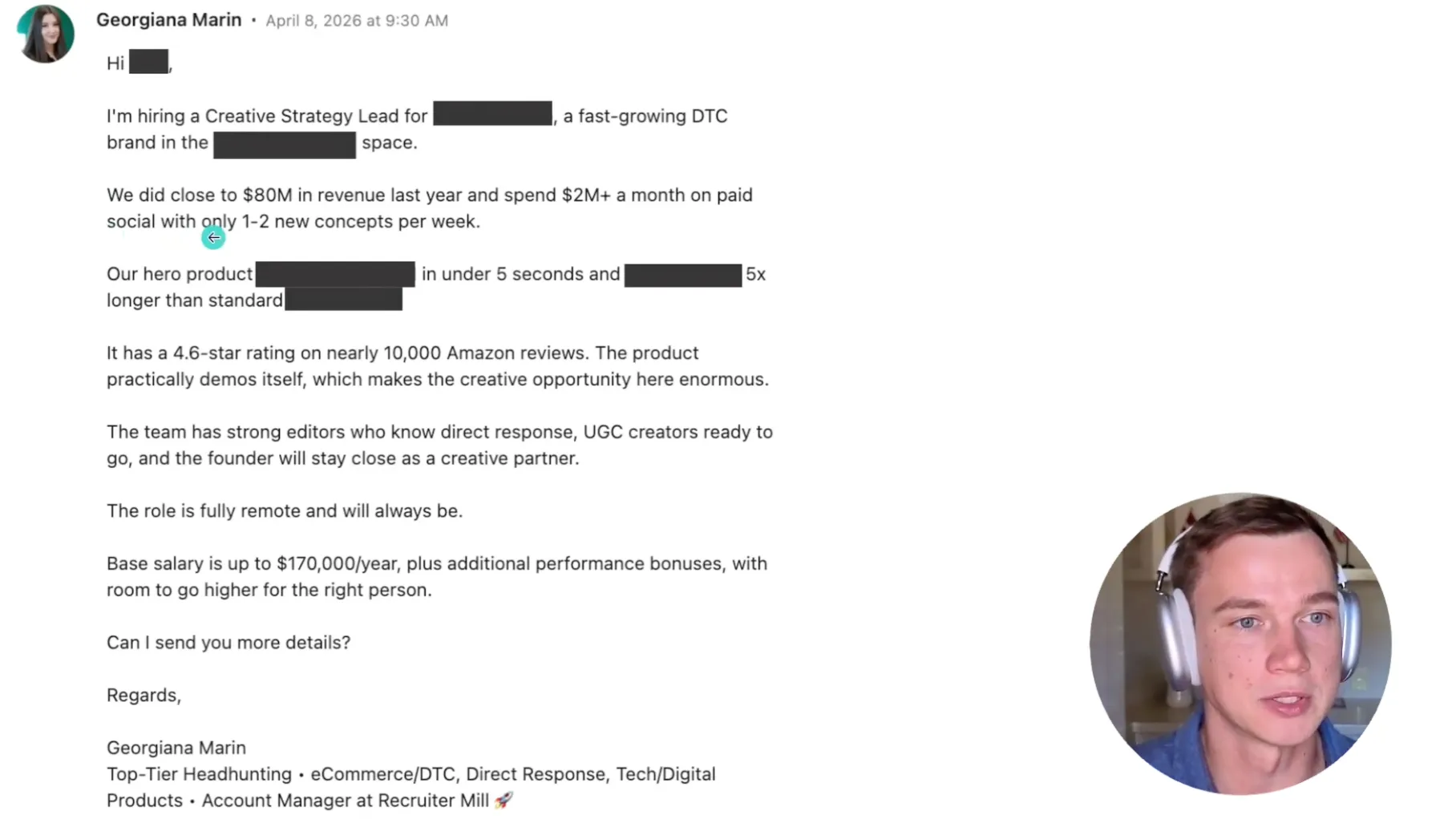 The outreach email our account manager sent to candidates: hiring a Creative Strategy Lead for a fast-growing DTC brand that did close to $80M in revenue, spends $2M+ a month on paid social, is fully remote, with a base salary up to $170,000 a year