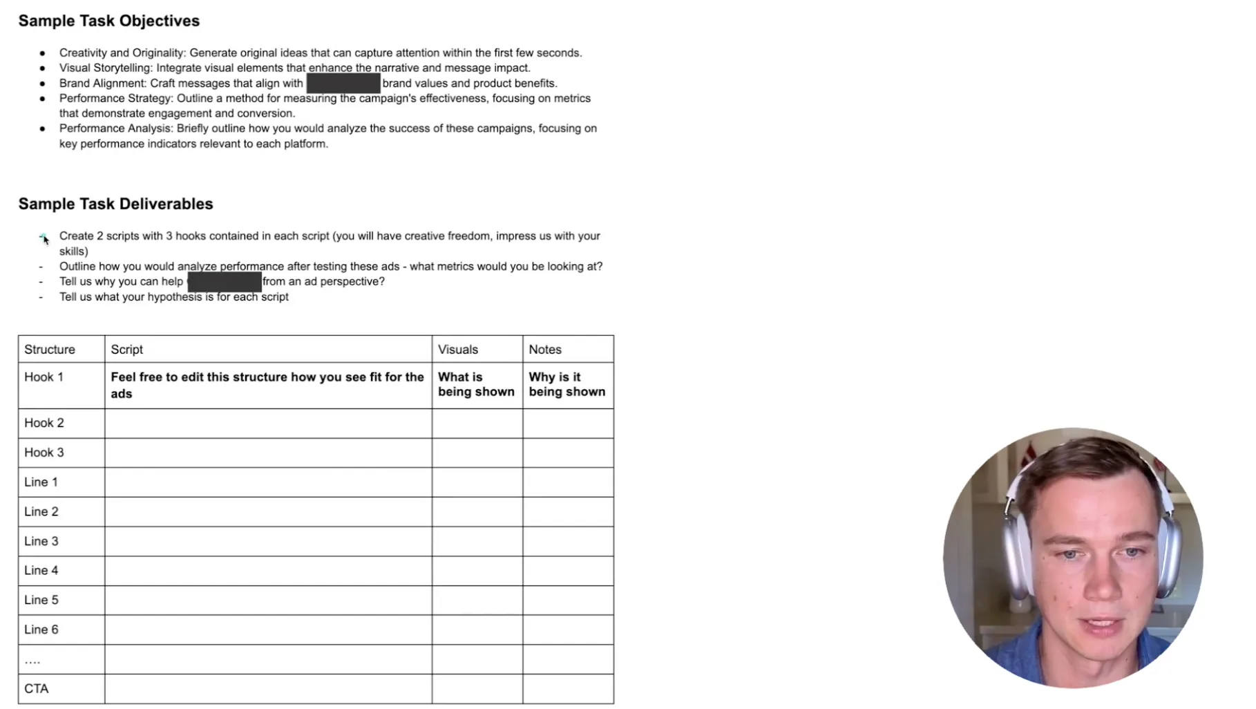The test-assignment brief we gave candidates: sample task objectives and deliverables, plus a script structure table with three hooks, the lines, visuals, notes, and a CTA