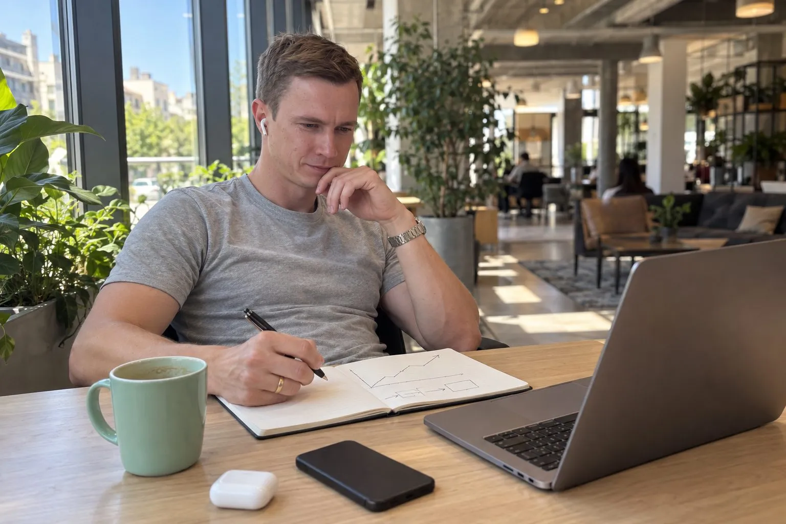 Ugis Balmaks at a co-working desk on a call with a head of growth candidate, taking notes