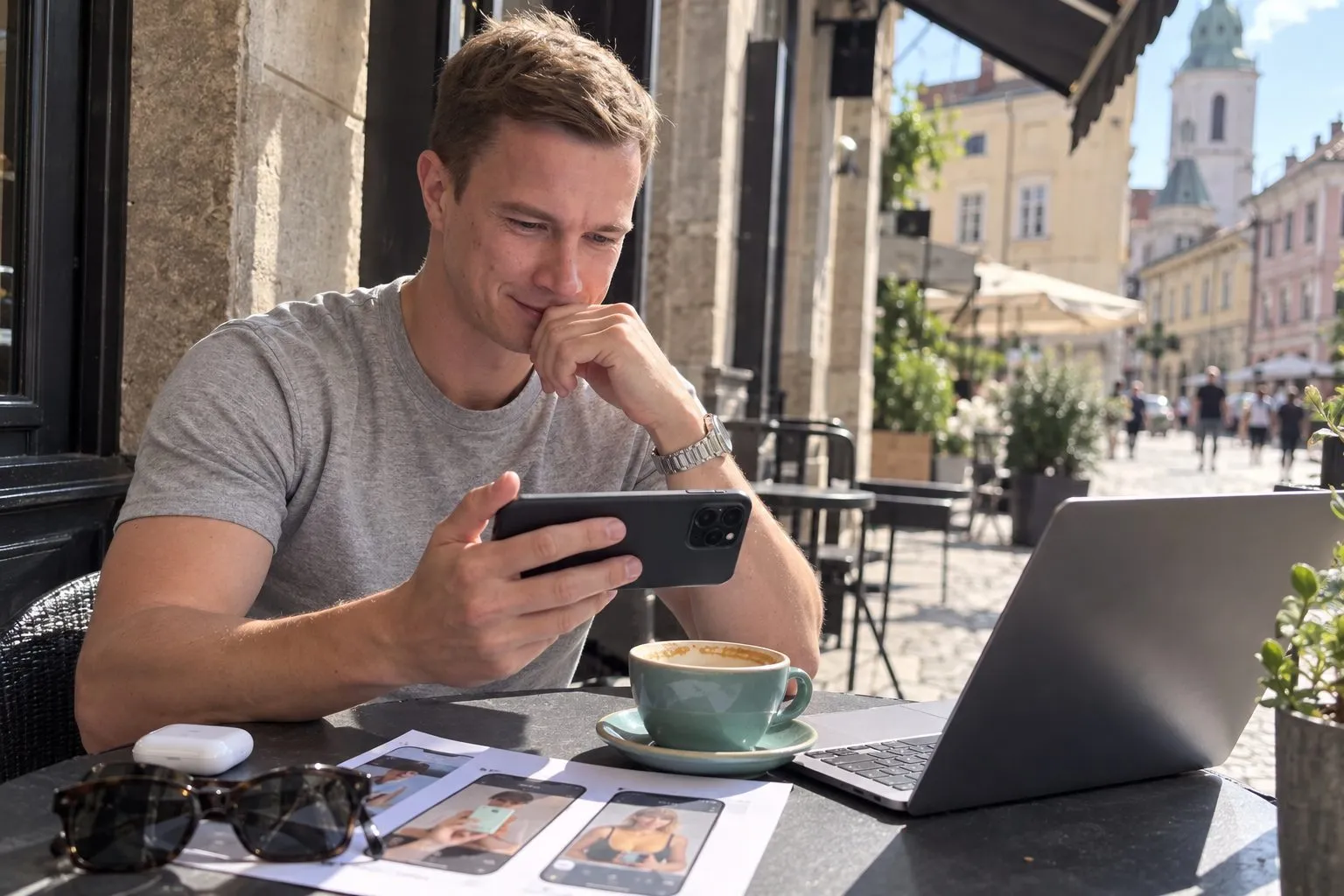 Ugis Balmaks at a street café reviewing a creative strategist candidate's video ads on his phone