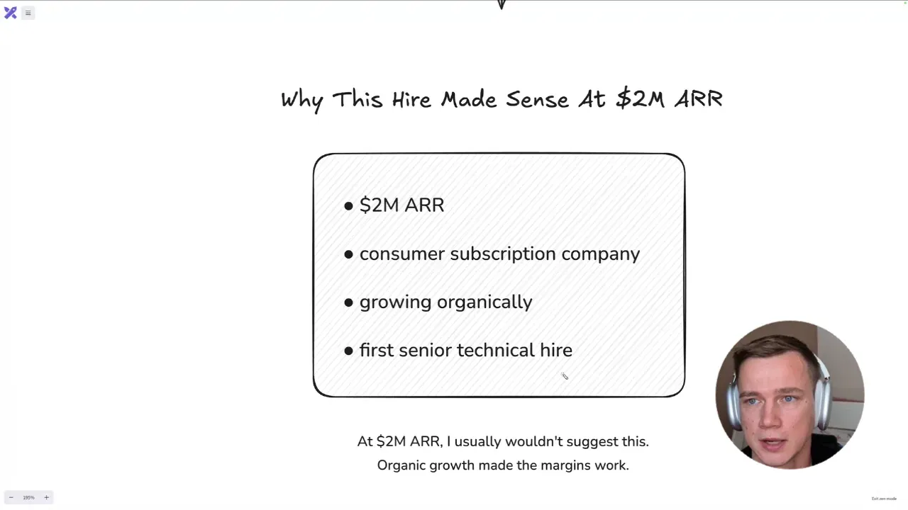 Whiteboard: why this hire made sense at $2M ARR, consumer subscription company, growing organically, first senior technical hire